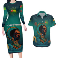 Togo Futuristic Afrocentric Woman Couples Matching Long Sleeve Bodycon Dress and Hawaiian Shirt with Flag and Stars Design