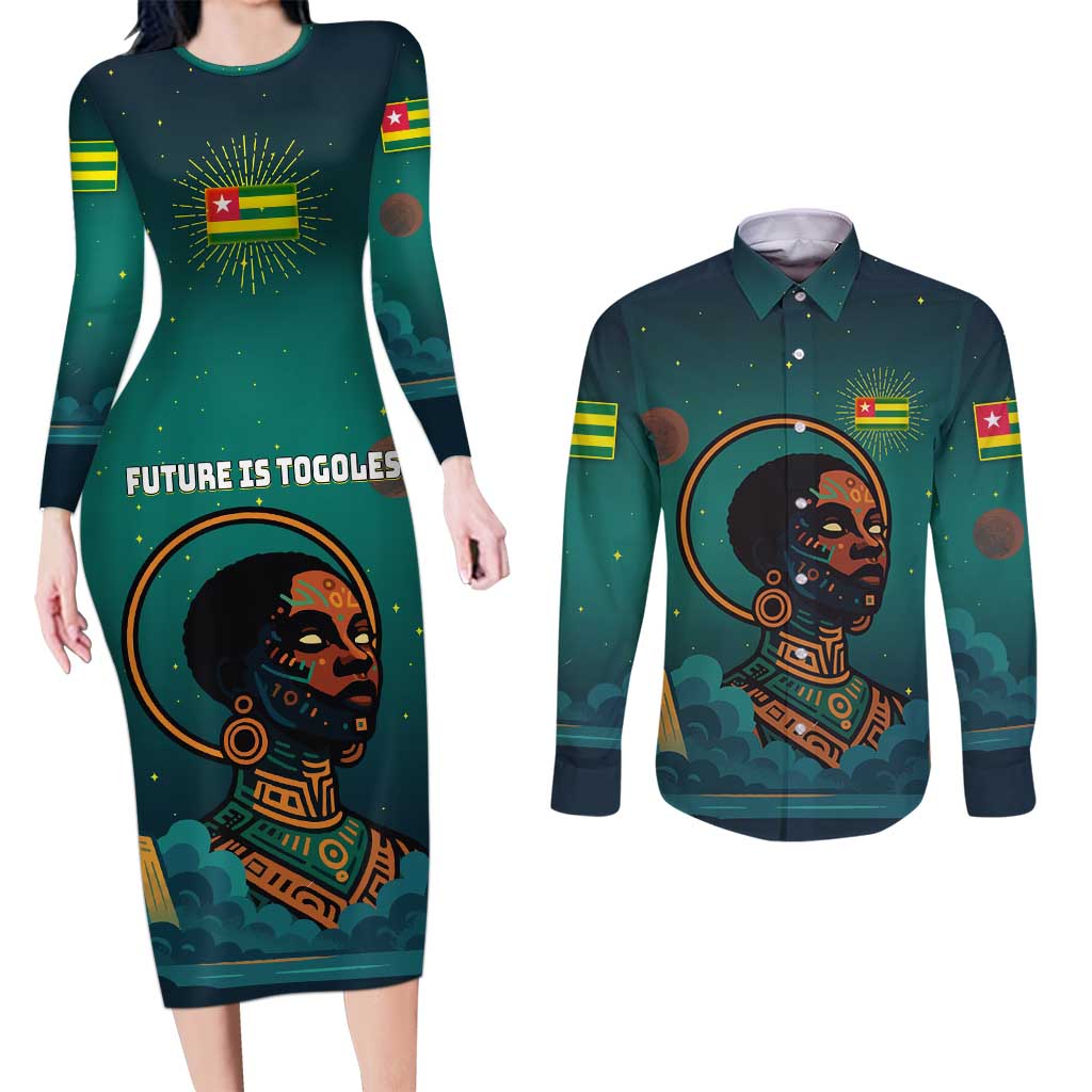 Togo Futuristic Afrocentric Woman Couples Matching Long Sleeve Bodycon Dress and Long Sleeve Button Shirt with Flag and Stars Design