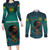 Togo Futuristic Afrocentric Woman Couples Matching Long Sleeve Bodycon Dress and Long Sleeve Button Shirt with Flag and Stars Design