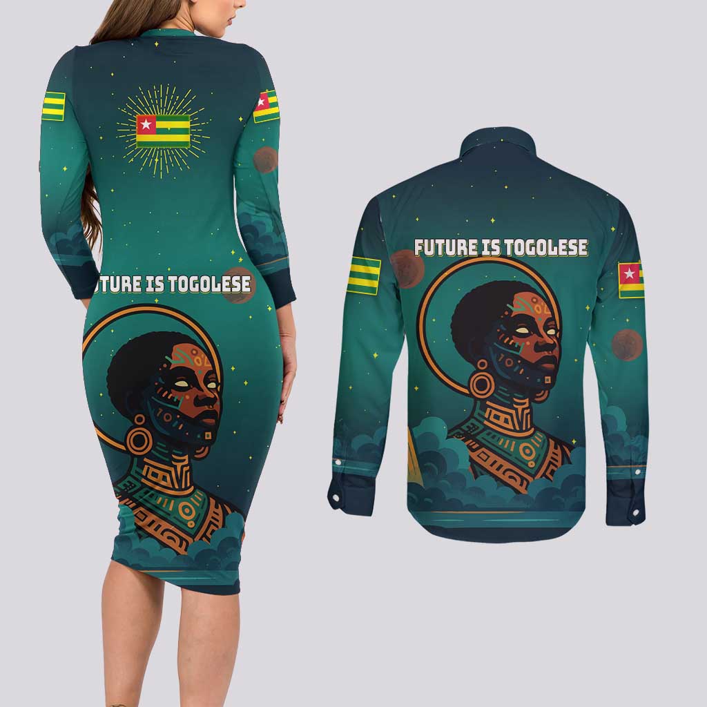 Togo Futuristic Afrocentric Woman Couples Matching Long Sleeve Bodycon Dress and Long Sleeve Button Shirt with Flag and Stars Design