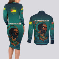Togo Futuristic Afrocentric Woman Couples Matching Long Sleeve Bodycon Dress and Long Sleeve Button Shirt with Flag and Stars Design