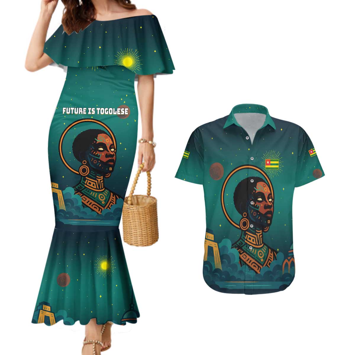 Togo Futuristic Afrocentric Woman Couples Matching Mermaid Dress and Hawaiian Shirt with Flag and Stars Design