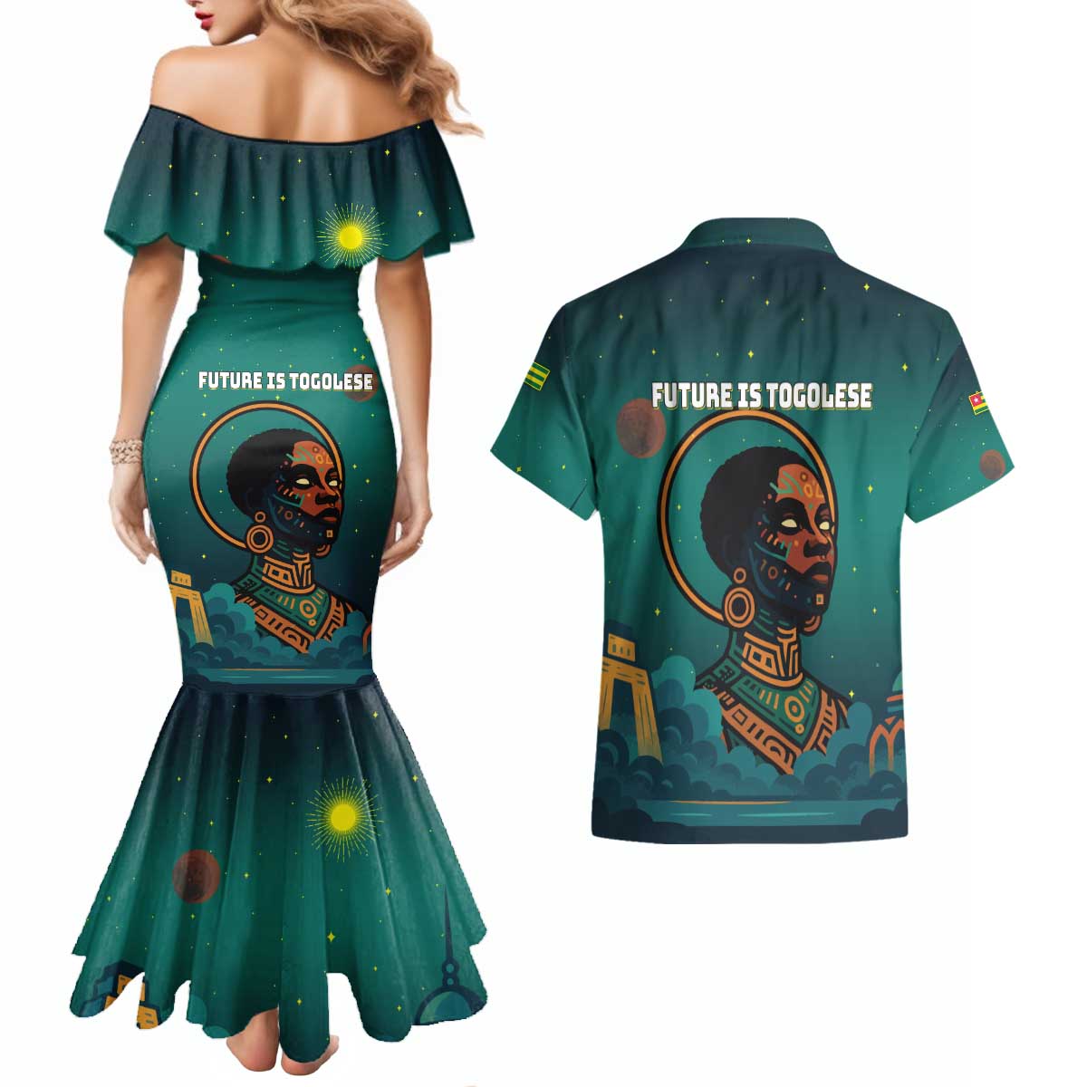 Togo Futuristic Afrocentric Woman Couples Matching Mermaid Dress and Hawaiian Shirt with Flag and Stars Design