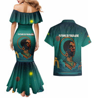 Togo Futuristic Afrocentric Woman Couples Matching Mermaid Dress and Hawaiian Shirt with Flag and Stars Design