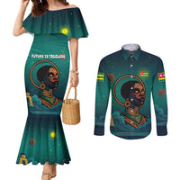 Togo Futuristic Afrocentric Woman Couples Matching Mermaid Dress and Long Sleeve Button Shirt with Flag and Stars Design