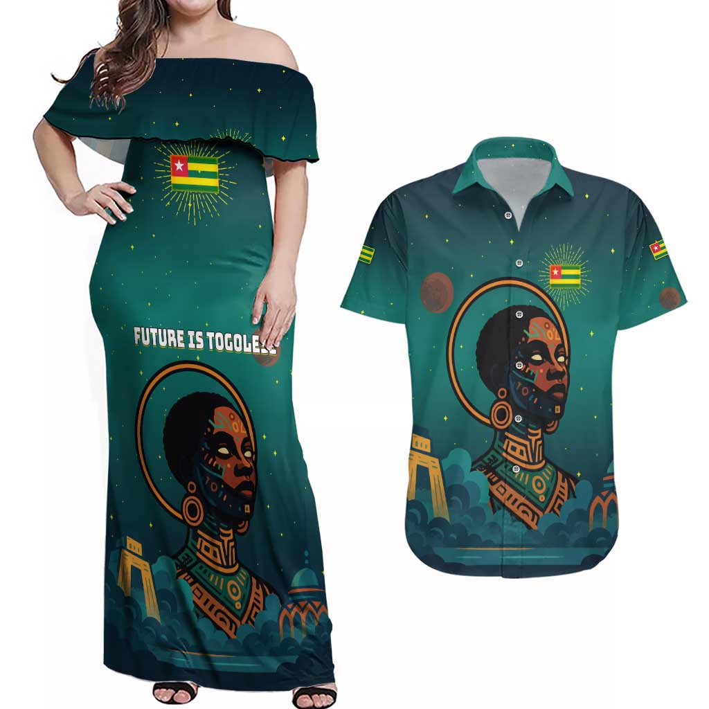 Togo Futuristic Afrocentric Woman Couples Matching Off Shoulder Maxi Dress and Hawaiian Shirt with Flag and Stars Design