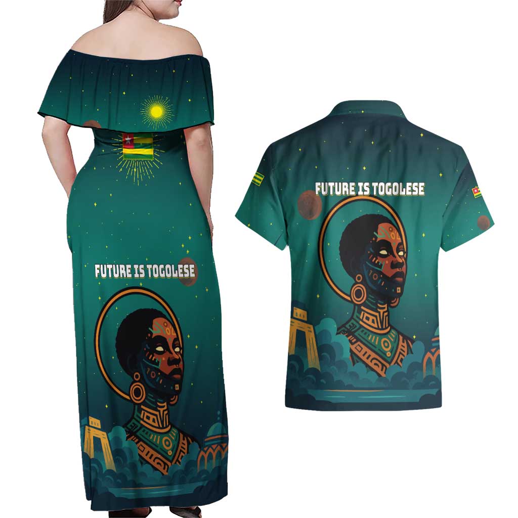 Togo Futuristic Afrocentric Woman Couples Matching Off Shoulder Maxi Dress and Hawaiian Shirt with Flag and Stars Design