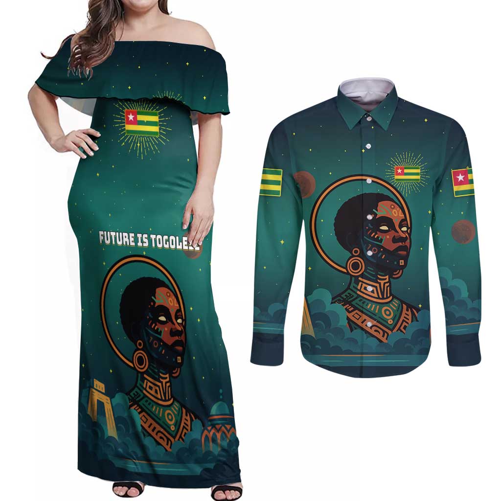 Togo Futuristic Afrocentric Woman Couples Matching Off Shoulder Maxi Dress and Long Sleeve Button Shirt with Flag and Stars Design