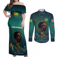 Togo Futuristic Afrocentric Woman Couples Matching Off Shoulder Maxi Dress and Long Sleeve Button Shirt with Flag and Stars Design