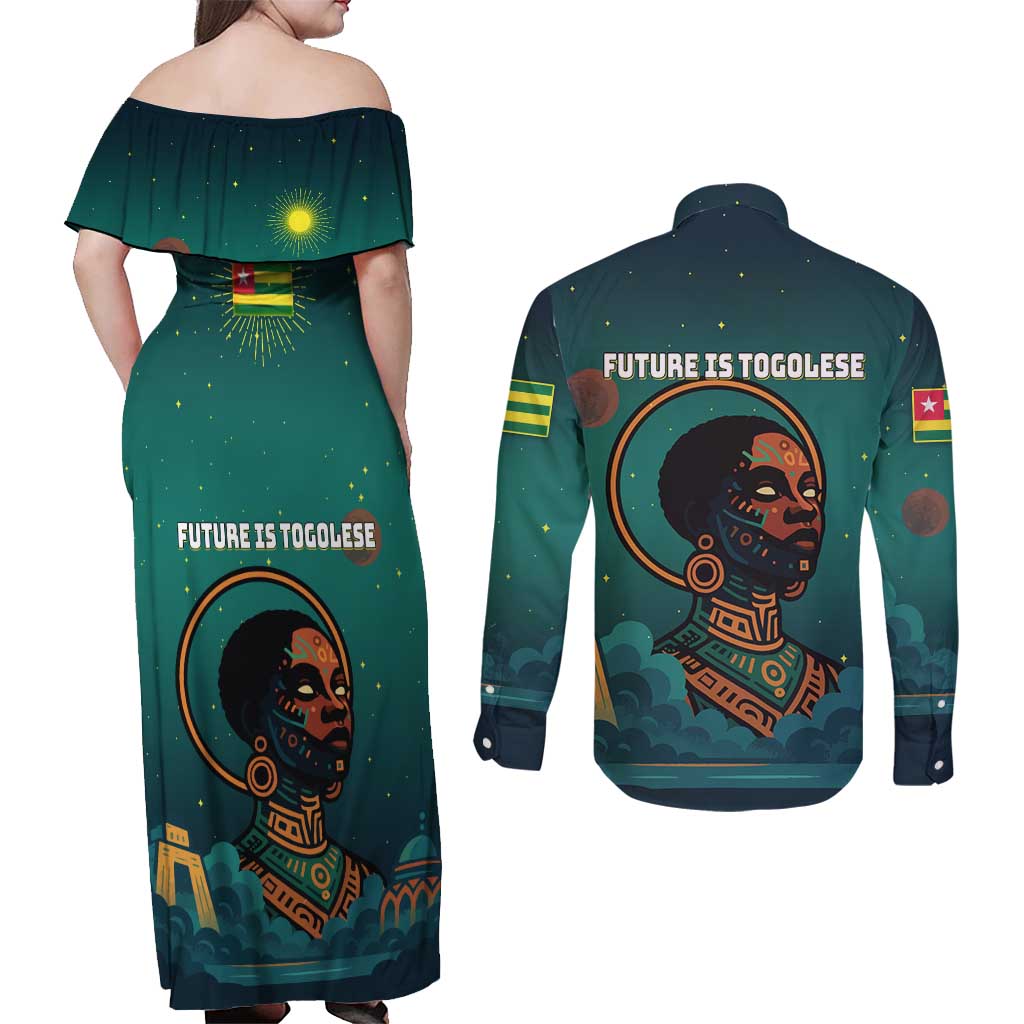 Togo Futuristic Afrocentric Woman Couples Matching Off Shoulder Maxi Dress and Long Sleeve Button Shirt with Flag and Stars Design