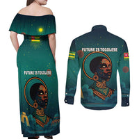 Togo Futuristic Afrocentric Woman Couples Matching Off Shoulder Maxi Dress and Long Sleeve Button Shirt with Flag and Stars Design
