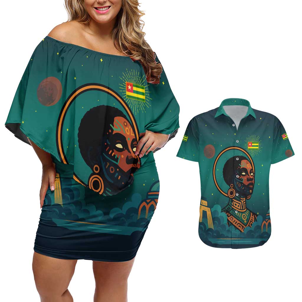 Togo Futuristic Afrocentric Woman Couples Matching Off Shoulder Short Dress and Hawaiian Shirt with Flag and Stars Design