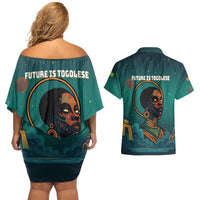 Togo Futuristic Afrocentric Woman Couples Matching Off Shoulder Short Dress and Hawaiian Shirt with Flag and Stars Design