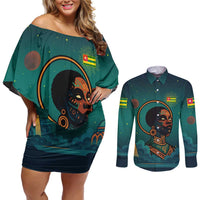 Togo Futuristic Afrocentric Woman Couples Matching Off Shoulder Short Dress and Long Sleeve Button Shirt with Flag and Stars Design