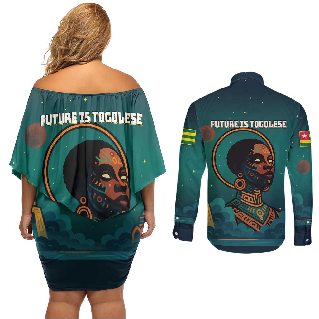 Togo Futuristic Afrocentric Woman Couples Matching Off Shoulder Short Dress and Long Sleeve Button Shirt with Flag and Stars Design