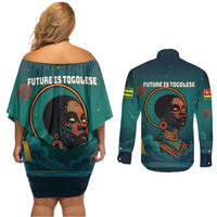 Togo Futuristic Afrocentric Woman Couples Matching Off Shoulder Short Dress and Long Sleeve Button Shirt with Flag and Stars Design