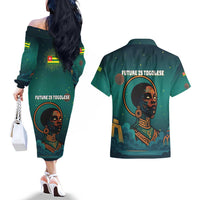 Togo Futuristic Afrocentric Woman Couples Matching Off The Shoulder Long Sleeve Dress and Hawaiian Shirt with Flag and Stars Design