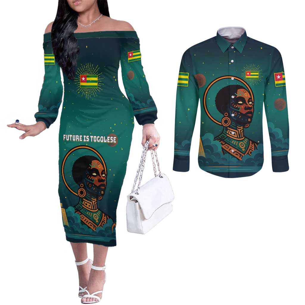 Togo Futuristic Afrocentric Woman Couples Matching Off The Shoulder Long Sleeve Dress and Long Sleeve Button Shirt with Flag and Stars Design