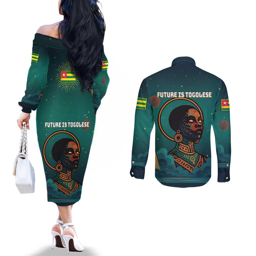 Togo Futuristic Afrocentric Woman Couples Matching Off The Shoulder Long Sleeve Dress and Long Sleeve Button Shirt with Flag and Stars Design