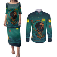 Togo Futuristic Afrocentric Woman Couples Matching Puletasi and Long Sleeve Button Shirt with Flag and Stars Design