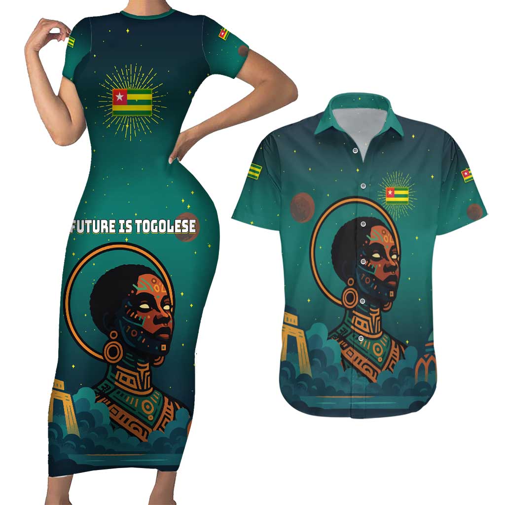 Togo Futuristic Afrocentric Woman Couples Matching Short Sleeve Bodycon Dress and Hawaiian Shirt with Flag and Stars Design