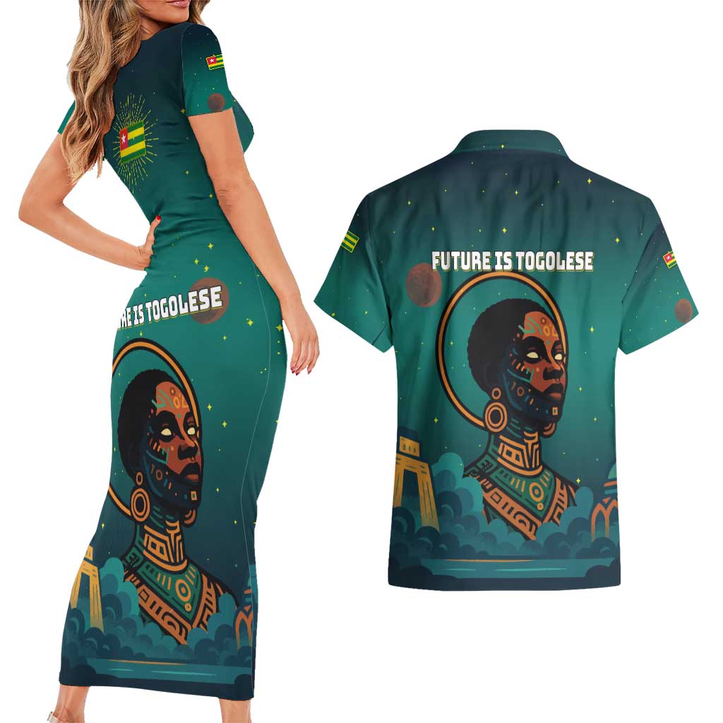 Togo Futuristic Afrocentric Woman Couples Matching Short Sleeve Bodycon Dress and Hawaiian Shirt with Flag and Stars Design