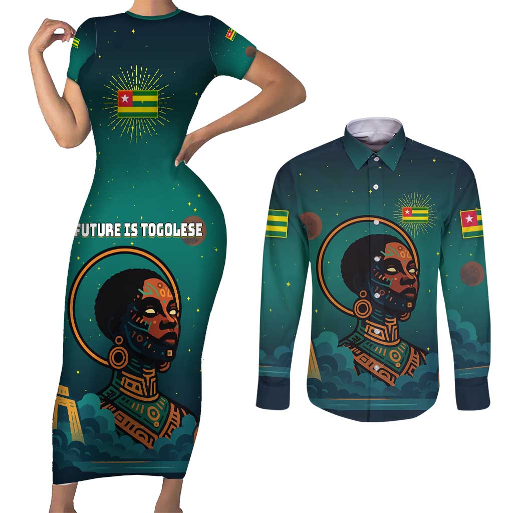 Togo Futuristic Afrocentric Woman Couples Matching Short Sleeve Bodycon Dress and Long Sleeve Button Shirt with Flag and Stars Design