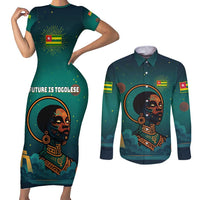 Togo Futuristic Afrocentric Woman Couples Matching Short Sleeve Bodycon Dress and Long Sleeve Button Shirt with Flag and Stars Design