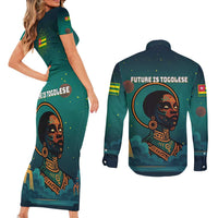 Togo Futuristic Afrocentric Woman Couples Matching Short Sleeve Bodycon Dress and Long Sleeve Button Shirt with Flag and Stars Design
