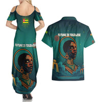Togo Futuristic Afrocentric Woman Couples Matching Summer Maxi Dress and Hawaiian Shirt with Flag and Stars Design
