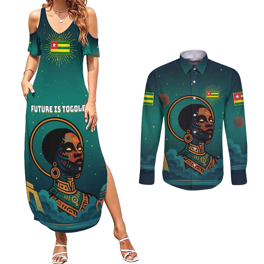 Togo Futuristic Afrocentric Woman Couples Matching Summer Maxi Dress and Long Sleeve Button Shirt with Flag and Stars Design