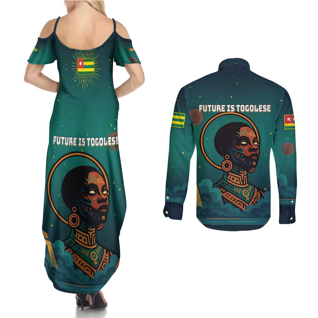 Togo Futuristic Afrocentric Woman Couples Matching Summer Maxi Dress and Long Sleeve Button Shirt with Flag and Stars Design