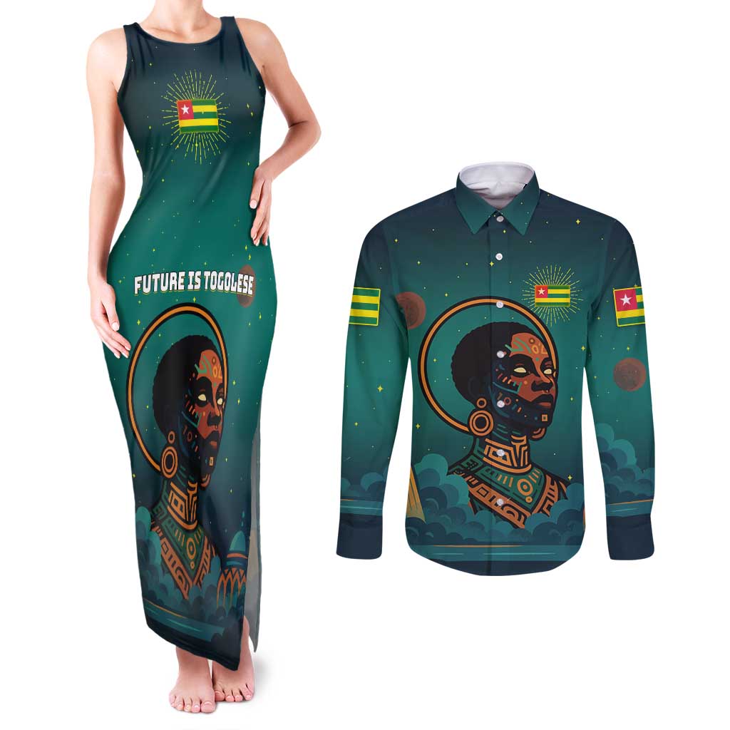 Togo Futuristic Afrocentric Woman Couples Matching Tank Maxi Dress and Long Sleeve Button Shirt with Flag and Stars Design