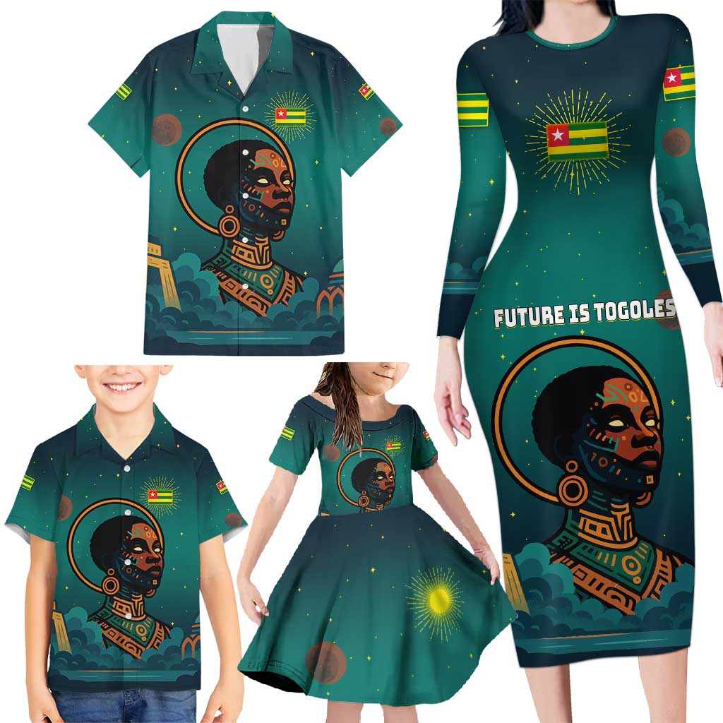 Togo Futuristic Afrocentric Woman Family Matching Long Sleeve Bodycon Dress and Hawaiian Shirt with Flag and Stars Design