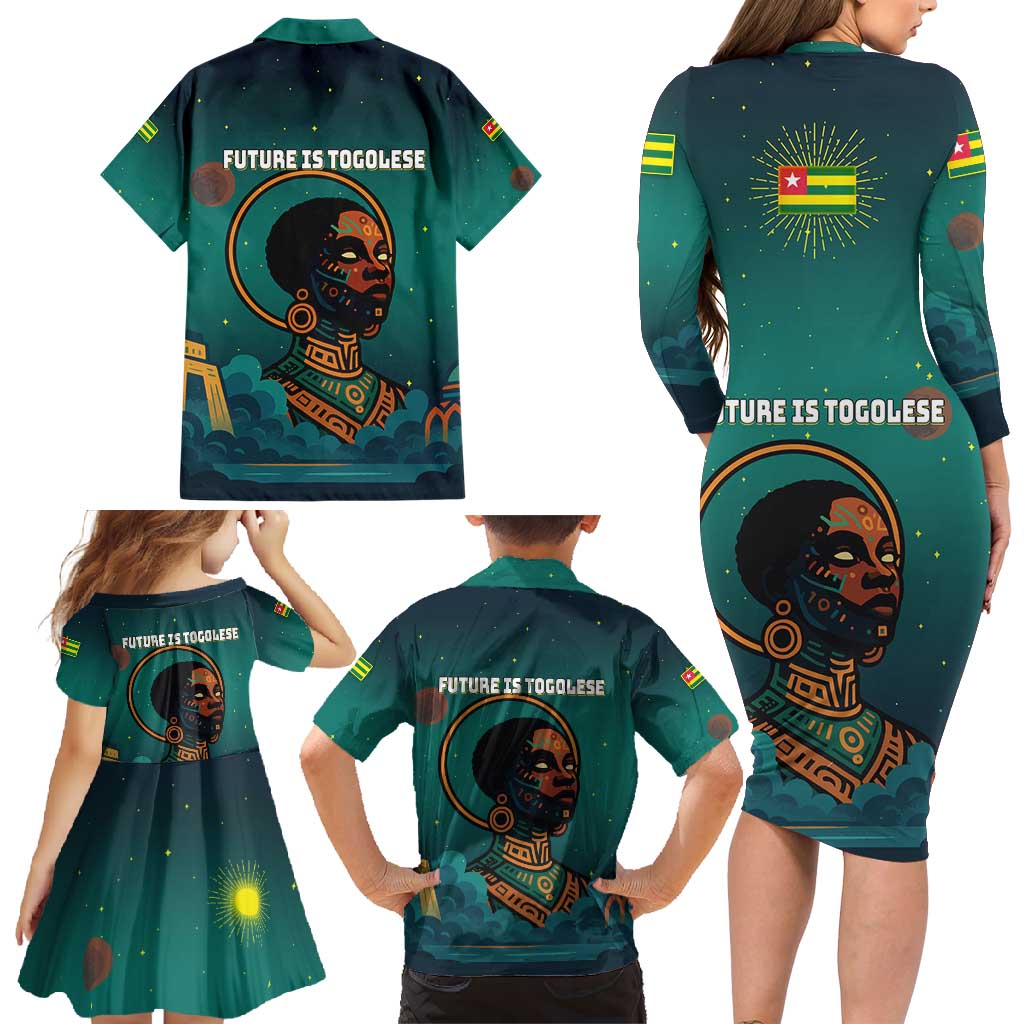 Togo Futuristic Afrocentric Woman Family Matching Long Sleeve Bodycon Dress and Hawaiian Shirt with Flag and Stars Design