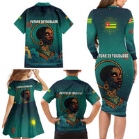 Togo Futuristic Afrocentric Woman Family Matching Long Sleeve Bodycon Dress and Hawaiian Shirt with Flag and Stars Design
