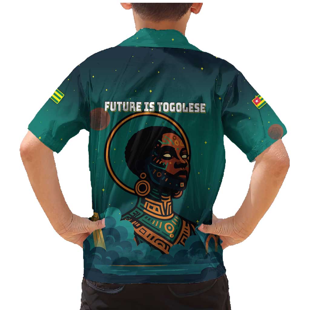 Togo Futuristic Afrocentric Woman Family Matching Mermaid Dress and Hawaiian Shirt with Flag and Stars Design
