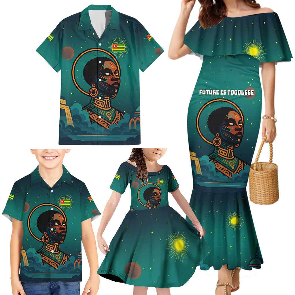 Togo Futuristic Afrocentric Woman Family Matching Mermaid Dress and Hawaiian Shirt with Flag and Stars Design