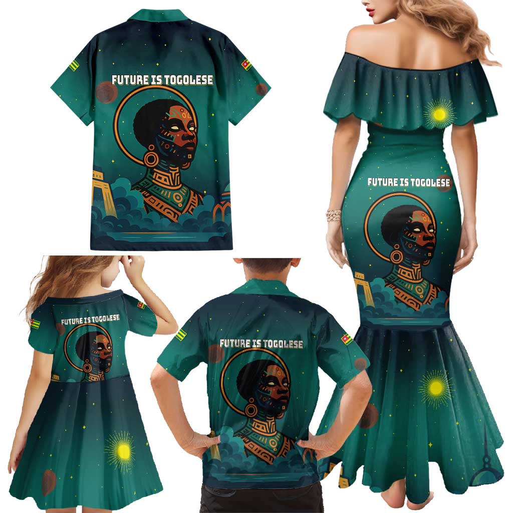 Togo Futuristic Afrocentric Woman Family Matching Mermaid Dress and Hawaiian Shirt with Flag and Stars Design