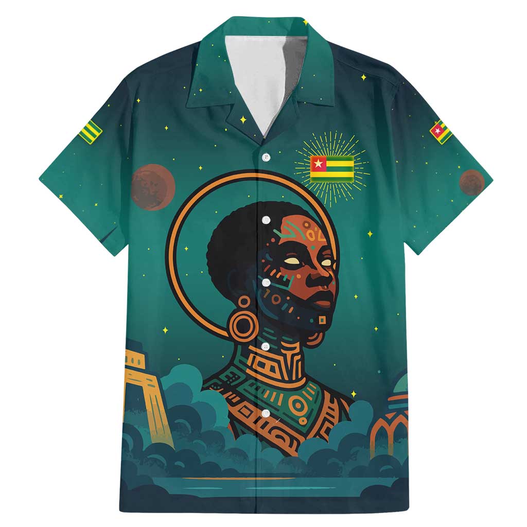 Togo Futuristic Afrocentric Woman Family Matching Mermaid Dress and Hawaiian Shirt with Flag and Stars Design