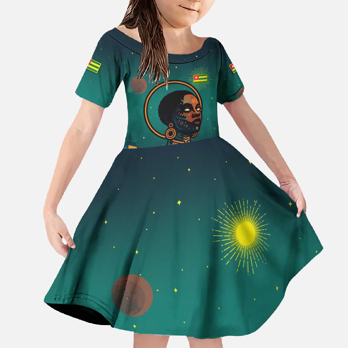 Togo Futuristic Afrocentric Woman Family Matching Off The Shoulder Long Sleeve Dress and Hawaiian Shirt with Flag and Stars Design