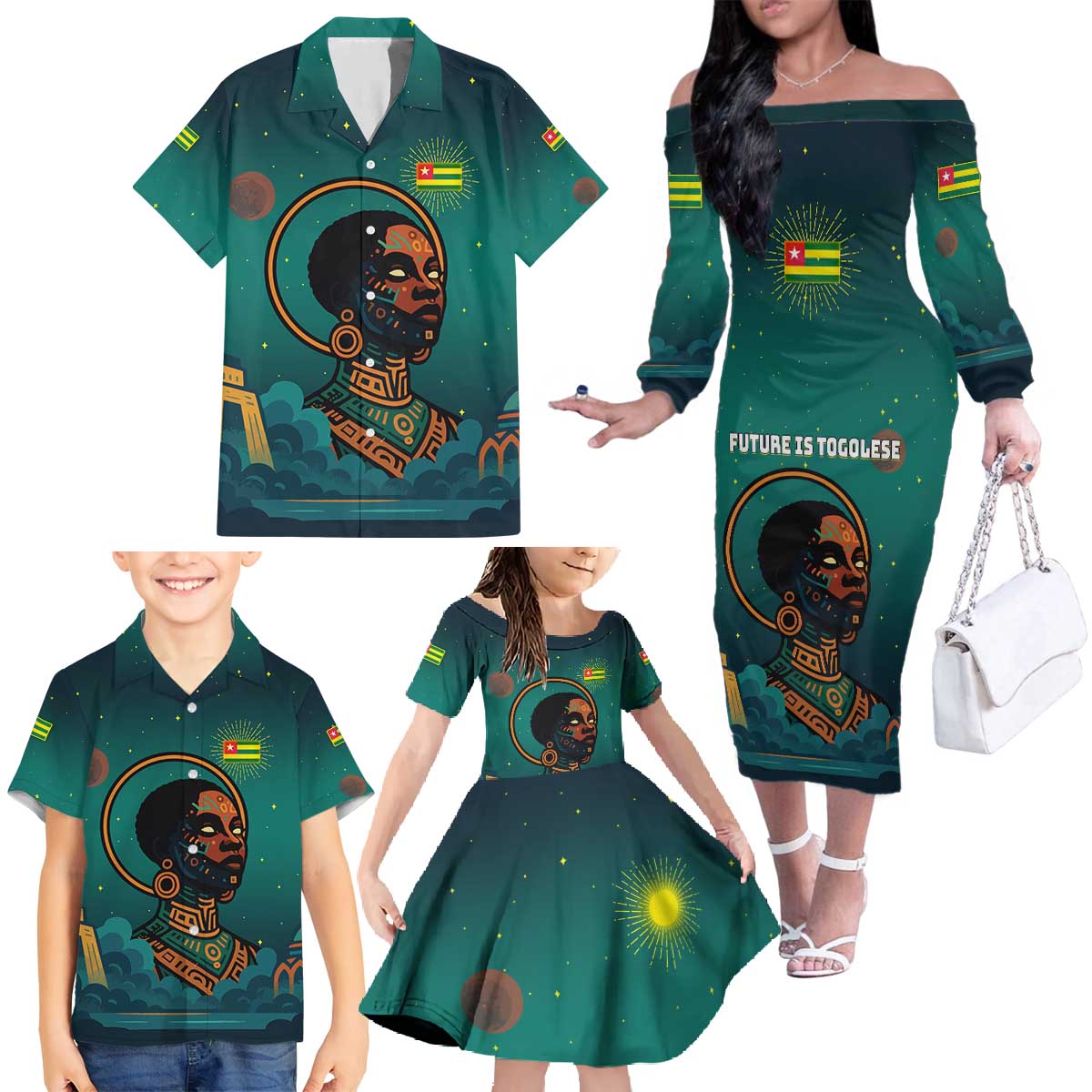 Togo Futuristic Afrocentric Woman Family Matching Off The Shoulder Long Sleeve Dress and Hawaiian Shirt with Flag and Stars Design