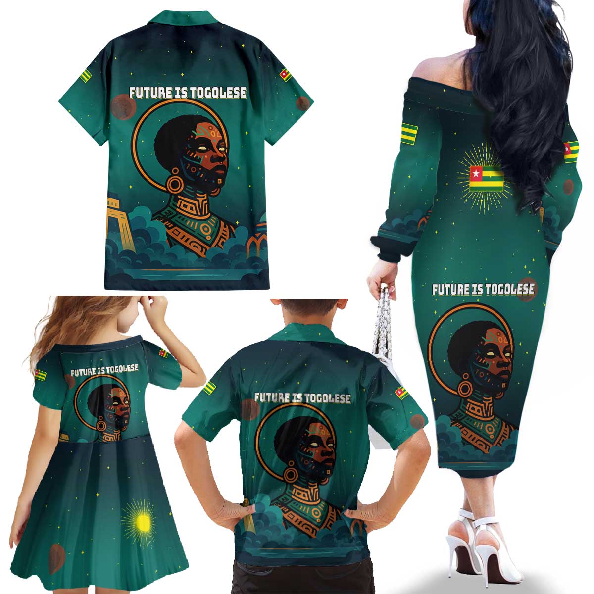 Togo Futuristic Afrocentric Woman Family Matching Off The Shoulder Long Sleeve Dress and Hawaiian Shirt with Flag and Stars Design