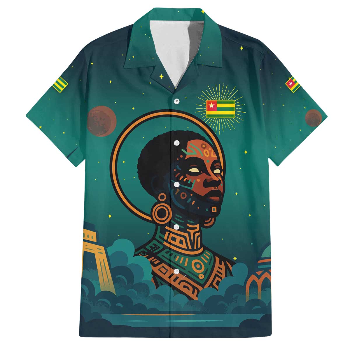 Togo Futuristic Afrocentric Woman Family Matching Off The Shoulder Long Sleeve Dress and Hawaiian Shirt with Flag and Stars Design