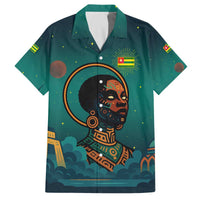 Togo Futuristic Afrocentric Woman Family Matching Off The Shoulder Long Sleeve Dress and Hawaiian Shirt with Flag and Stars Design