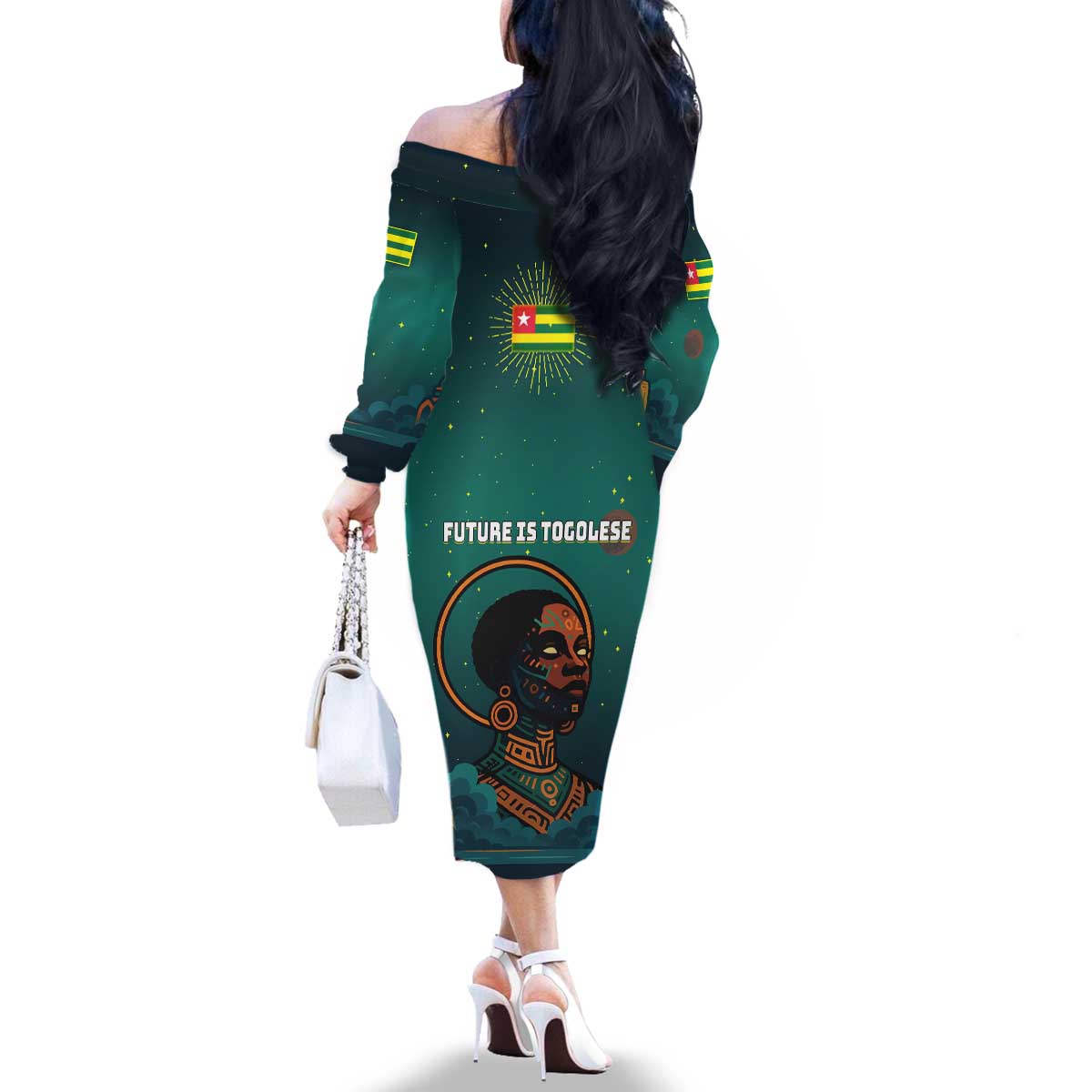 Togo Futuristic Afrocentric Woman Family Matching Off The Shoulder Long Sleeve Dress and Hawaiian Shirt with Flag and Stars Design