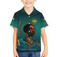 Togo Futuristic Afrocentric Woman Family Matching Off The Shoulder Long Sleeve Dress and Hawaiian Shirt with Flag and Stars Design