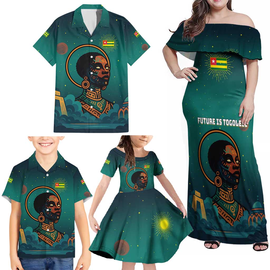 Togo Futuristic Afrocentric Woman Family Matching Off Shoulder Maxi Dress and Hawaiian Shirt with Flag and Stars Design