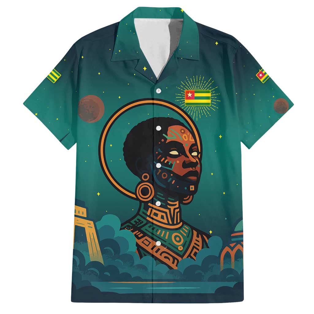 Togo Futuristic Afrocentric Woman Family Matching Off Shoulder Maxi Dress and Hawaiian Shirt with Flag and Stars Design