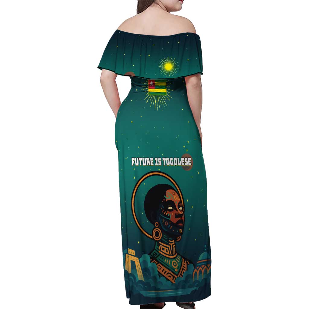 Togo Futuristic Afrocentric Woman Family Matching Off Shoulder Maxi Dress and Hawaiian Shirt with Flag and Stars Design